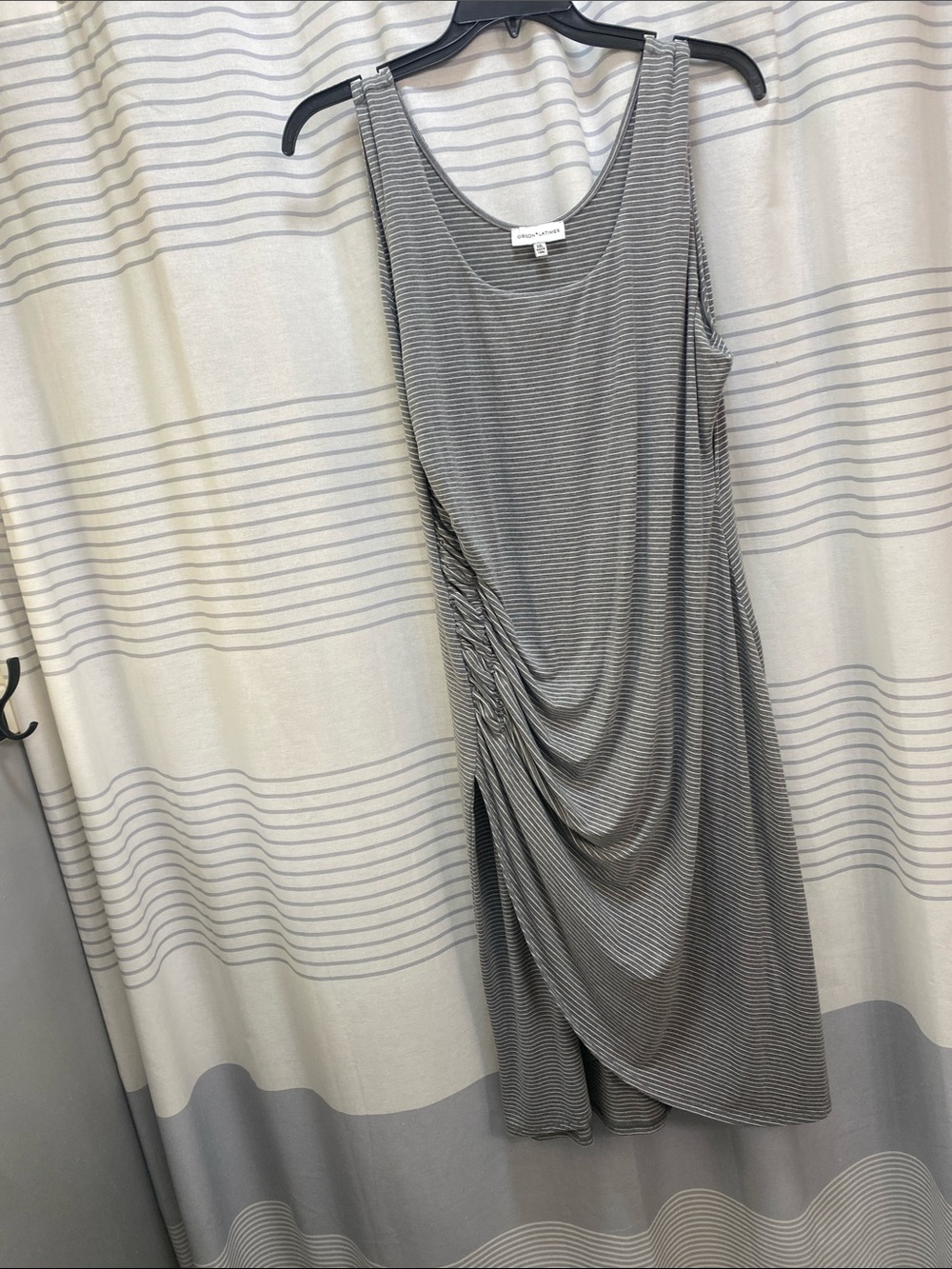 Striped Ruched Side Sleeveless Midi Dress - Gray/White